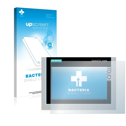 Parte frontal de un envase de producto con el logotipo de la marca upscreen. Al lado se muestra el dispositivo Siemens Simatic