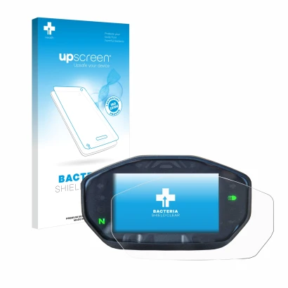 Parte frontal de un envase de producto con el logotipo de la marca upscreen. Al lado se muestra el dispositivo Ducati Monster 