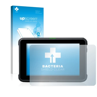Parte frontal de un envase de producto con el logotipo de la marca upscreen. Al lado se muestra el dispositivo Atomos Shinobi 