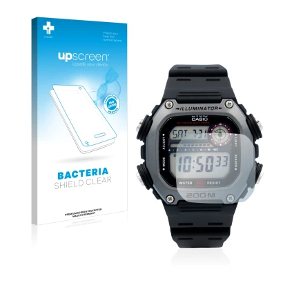 Parte frontal de un envase de producto con el logotipo de la marca upscreen. Al lado se muestra el dispositivo Casio DW-291H c