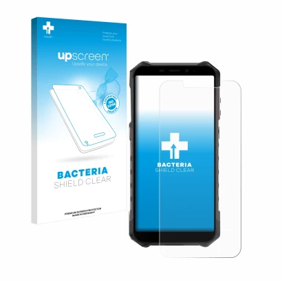 Parte frontal de un envase de producto con el logotipo de la marca upscreen. Al lado se muestra el dispositivo Ulefone Armor X