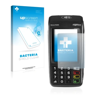 Parte frontal de un envase de producto con el logotipo de la marca upscreen. Al lado se muestra el dispositivo ingenico Move 5