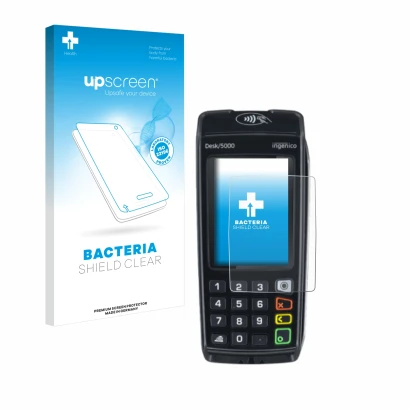 Parte frontal de un envase de producto con el logotipo de la marca upscreen. Al lado se muestra el dispositivo ingenico Desk/5