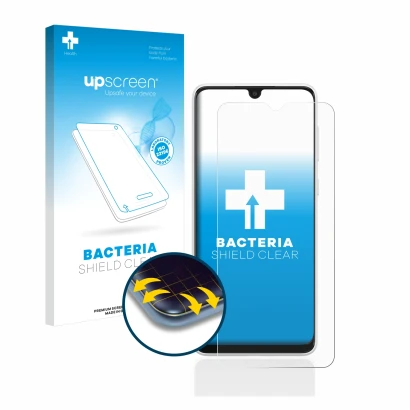 Parte frontal de un envase de producto con el logotipo de la marca upscreen. Al lado se muestra el dispositivo Samsung Galaxy