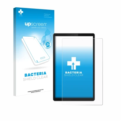 Parte frontal de un envase de producto con el logotipo de la marca upscreen. Al lado se muestra el dispositivo Lenovo Tab TB-X