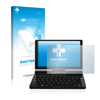 Parte frontal de un envase de producto con el logotipo de la marca upscreen. Al lado se muestra el dispositivo GPD Pocket 3 co