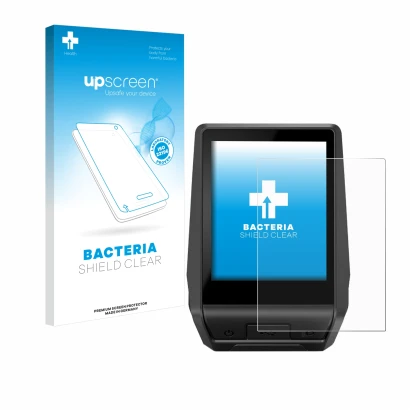 Parte frontal de un envase de producto con el logotipo de la marca upscreen. Al lado se muestra el dispositivo Bosch Nyon 2 20