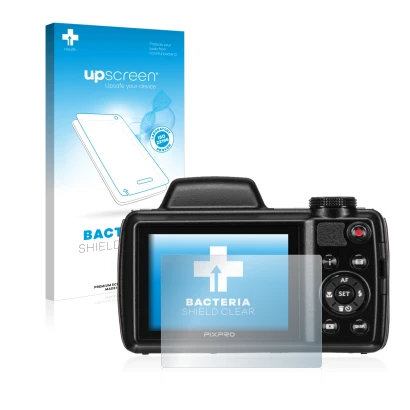 Parte frontal de un envase de producto con el logotipo de la marca upscreen. Al lado se muestra el dispositivo Kodak Pixpro AZ