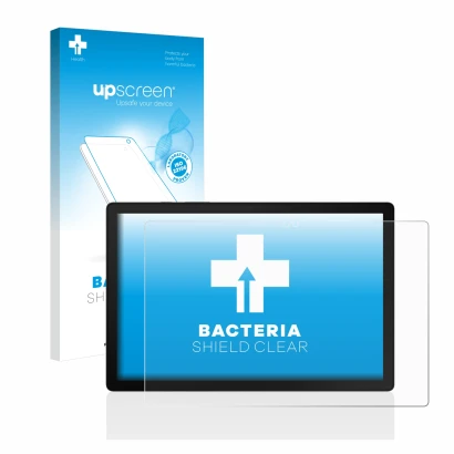 Parte frontal de un envase de producto con el logotipo de la marca upscreen. Al lado se muestra el dispositivo Samsung Galaxy 