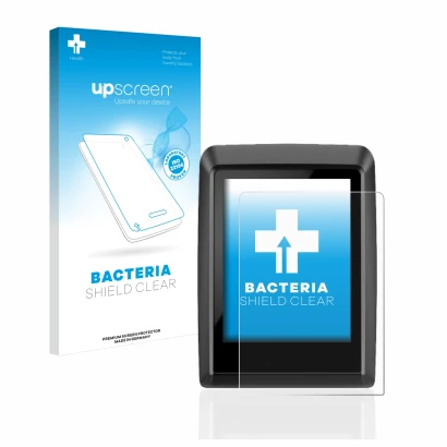 Parte frontal de un envase de producto con el logotipo de la marca upscreen. Al lado se muestra el dispositivo Bosch Kiox 300