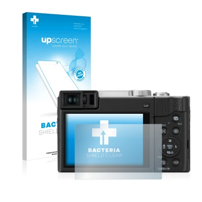 Parte frontal de un envase de producto con el logotipo de la marca upscreen. Al lado se muestra el dispositivo Panasonic Lumix