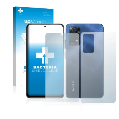 Parte frontal de un envase de producto con el logotipo de la marca upscreen. Al lado se muestra el dispositivo Xiaomi Redmi No