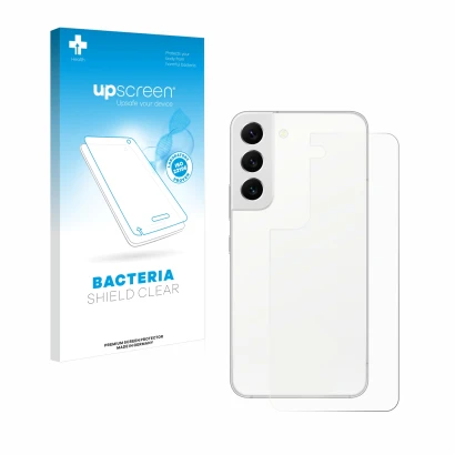 Parte frontal de un envase de producto con el logotipo de la marca upscreen. Al lado se muestra el dispositivo Samsung Galaxy 