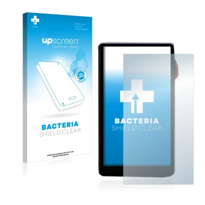 Parte frontal de un envase de producto con el logotipo de la marca upscreen. Al lado se muestra el dispositivo iBasso DX240 co