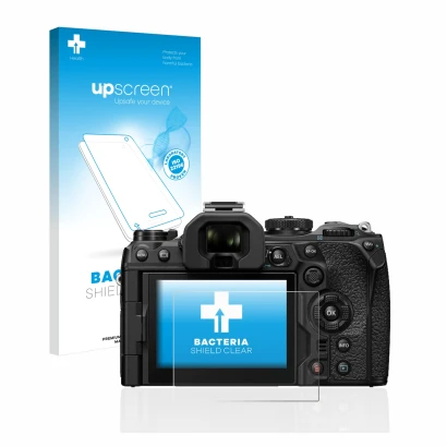 Parte frontal de un envase de producto con el logotipo de la marca upscreen. Al lado se muestra el dispositivo Olympus OM-1 20