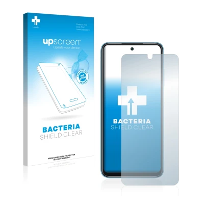 Parte frontal de un envase de producto con el logotipo de la marca upscreen. Al lado se muestra el dispositivo Xiaomi Redmi 10