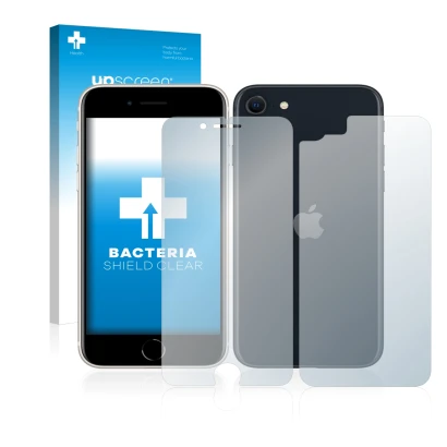 Parte frontal de un envase de producto con el logotipo de la marca upscreen. Al lado se muestra el dispositivo Apple iPhone SE