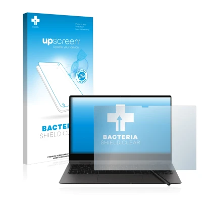 Parte frontal de un envase de producto con el logotipo de la marca upscreen. Al lado se muestra el dispositivo Samsung Galaxy 