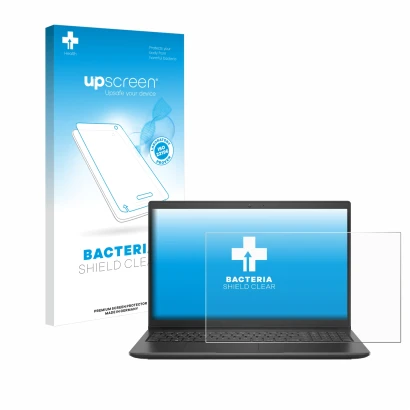 Parte frontal de un envase de producto con el logotipo de la marca upscreen. Al lado se muestra el dispositivo Dell Latitude 3