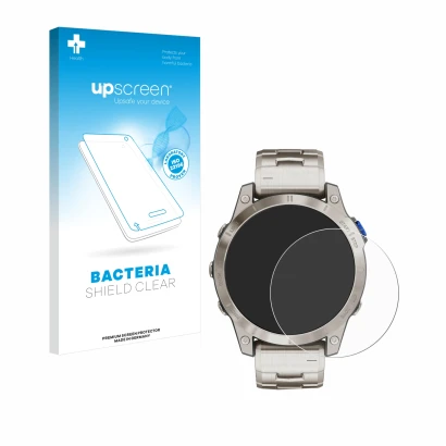 Parte frontal de un envase de producto con el logotipo de la marca upscreen. Al lado se muestra el dispositivo Garmin D2 Mach
