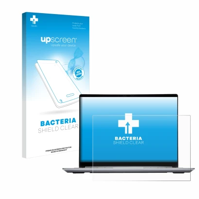 Parte frontal de un envase de producto con el logotipo de la marca upscreen. Al lado se muestra el dispositivo Framework Lapto