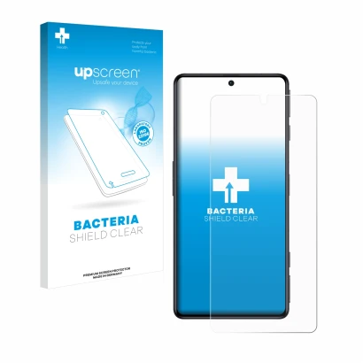 Parte frontal de un envase de producto con el logotipo de la marca upscreen. Al lado se muestra el dispositivo Xiaomi Poco F4 