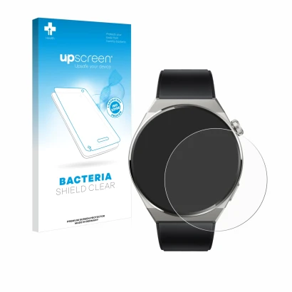 Parte frontal de un envase de producto con el logotipo de la marca upscreen. Al lado se muestra el dispositivo Huawei Watch GT