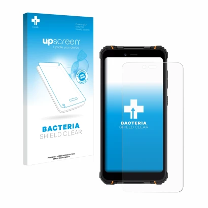 Parte frontal de un envase de producto con el logotipo de la marca upscreen. Al lado se muestra el dispositivo Hotwav T5 Pro c