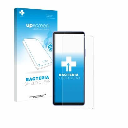 Parte frontal de un envase de producto con el logotipo de la marca upscreen. Al lado se muestra el dispositivo Sony Xperia 10 