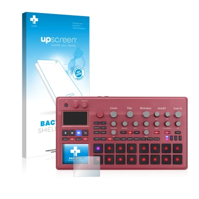 Parte frontal de un envase de producto con el logotipo de la marca upscreen. Al lado se muestra el dispositivo KORG electribe 