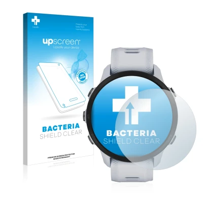 Parte frontal de un envase de producto con el logotipo de la marca upscreen. Al lado se muestra el dispositivo Garmin Forerunn