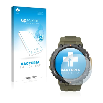 Parte frontal de un envase de producto con el logotipo de la marca upscreen. Al lado se muestra el dispositivo Huami Amazfit T