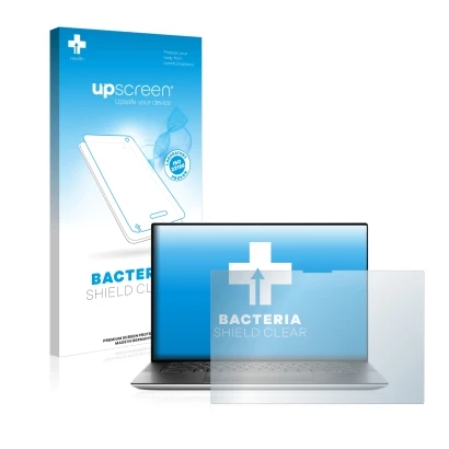 Parte frontal de un envase de producto con el logotipo de la marca upscreen. Al lado se muestra el dispositivo Dell XPS 15 951