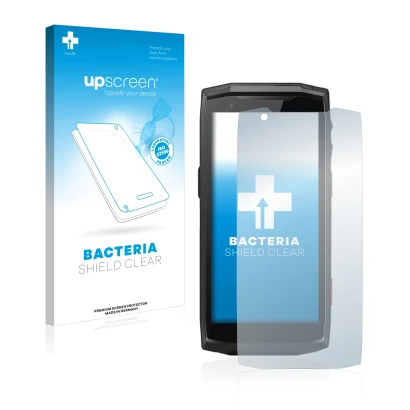 Parte frontal de un envase de producto con el logotipo de la marca upscreen. Al lado se muestra el dispositivo Crosscall Core-