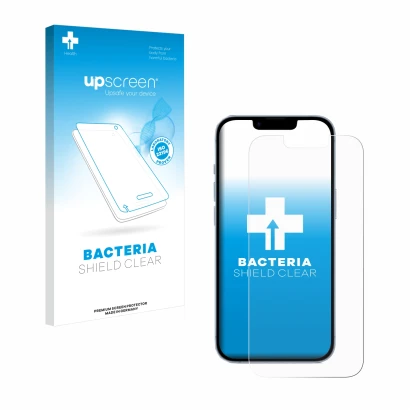 Parte frontal de un envase de producto con el logotipo de la marca upscreen. Al lado se muestra el dispositivo Apple iPhone 14