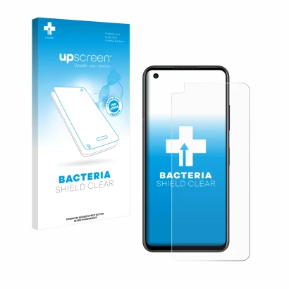Parte frontal de un envase de producto con el logotipo de la marca upscreen. Al lado se muestra el dispositivo ASUS ZenFone 9