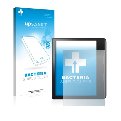 Parte frontal de un envase de producto con el logotipo de la marca upscreen. Al lado se muestra el dispositivo Tolino Epos 3 c