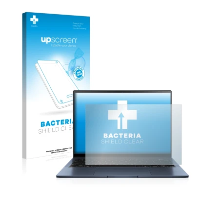 Parte frontal de un envase de producto con el logotipo de la marca upscreen. Al lado se muestra el dispositivo ASUS ZenBook S1