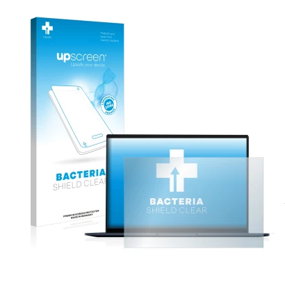 Parte frontal de un envase de producto con el logotipo de la marca upscreen. Al lado se muestra el dispositivo ASUS ZenBook 14