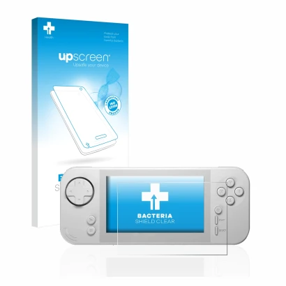 Parte frontal de un envase de producto con el logotipo de la marca upscreen. Al lado se muestra el dispositivo Evercade EXP co