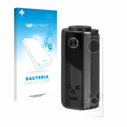 Parte frontal de un envase de producto con el logotipo de la marca upscreen. Al lado se muestra el dispositivo Vaporesso Targe