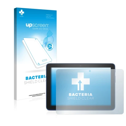 Parte frontal de un envase de producto con el logotipo de la marca upscreen. Al lado se muestra el dispositivo Amazon Fire HD