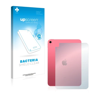 Parte frontal de un envase de producto con el logotipo de la marca upscreen. Al lado se muestra el dispositivo Apple iPad 10.9