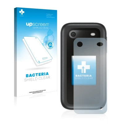 Parte frontal de un envase de producto con el logotipo de la marca upscreen. Al lado se muestra el dispositivo Nokia 2660 Flip