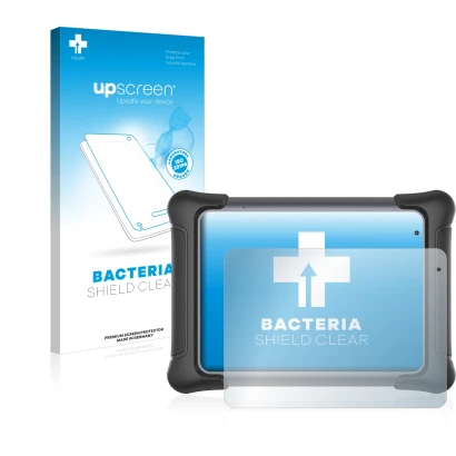 Parte frontal de un envase de producto con el logotipo de la marca upscreen. Al lado se muestra el dispositivo Autel MaxiSys E