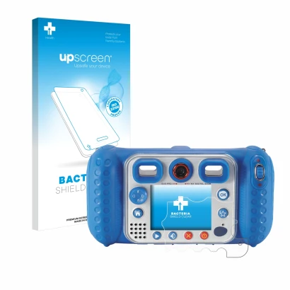 Parte frontal de un envase de producto con el logotipo de la marca upscreen. Al lado se muestra el dispositivo Vtech Kidizoom