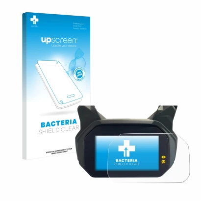 Parte frontal de un envase de producto con el logotipo de la marca upscreen. Al lado se muestra el dispositivo BMW C 400 GT 6.