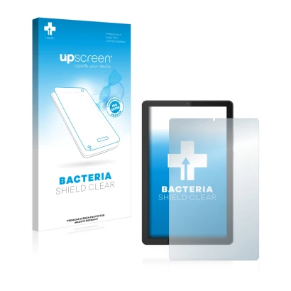 Parte frontal de un envase de producto con el logotipo de la marca upscreen. Al lado se muestra el dispositivo Lenovo Tab M9 c