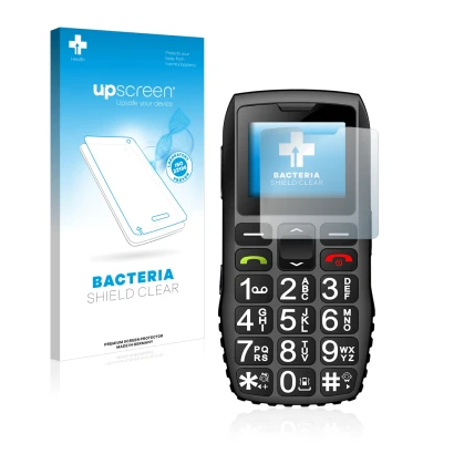 Parte frontal de un envase de producto con el logotipo de la marca upscreen. Al lado se muestra el dispositivo artfone C1 Plus