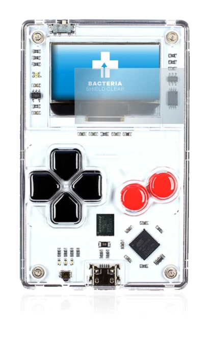 Imagen del dispositivo Arduboy FX con una amplia variedad de protectores de pantalla.